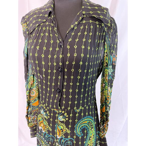 Vintage 70s Psychedelic Paisley Shirt Dress – Black, Green, Floral, M - Picture 8 of 16